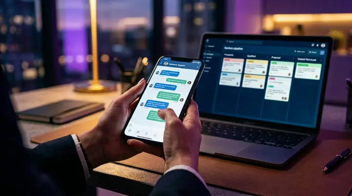 CRM Appwa com funil kanban e conversas do WhatsApp em um smartphone
