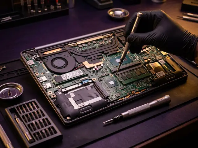 Técnico da manutenção testando computador de balcão na loja