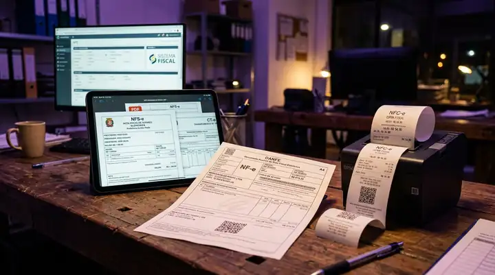 Documentos fiscais eletrônicos: DANFE de NF-e impresso, cupons NFC-e na impressora térmica e NFS-e/CT-e no tablet