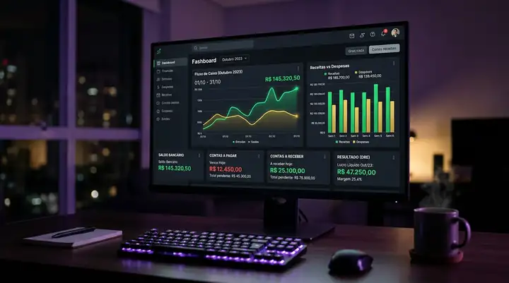 Painel financeiro do sistema com fluxo de caixa, receitas versus despesas e contas a pagar/receber
