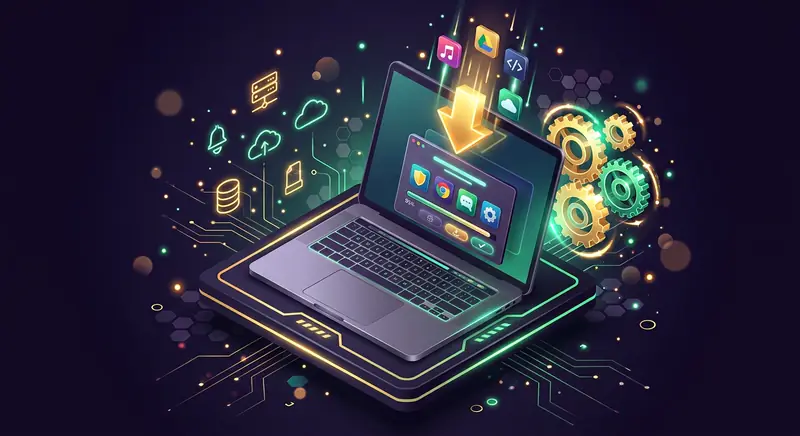 Notebook com seta de download instalando aplicativos e engrenagens — instalação de programas remota dtecnica.com