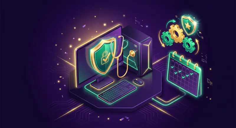 Computador com escudo, estetoscópio e calendário com checks — assinatura de manutenção preventiva dtecnica.com