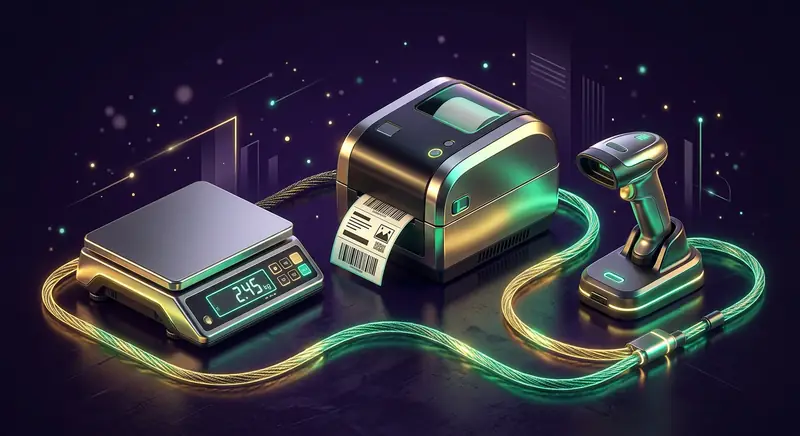 Impressora de etiquetas, balança e leitor de código com cabos brilhando — instalação de periféricos de automação dtecnica.com