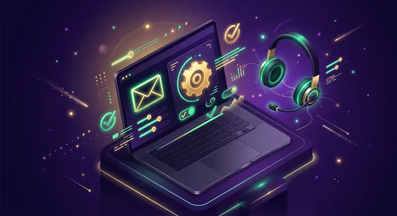Notebook com gerenciador de e-mail e engrenagem de configuração — suporte em gerenciador de e-mail dtecnica.com