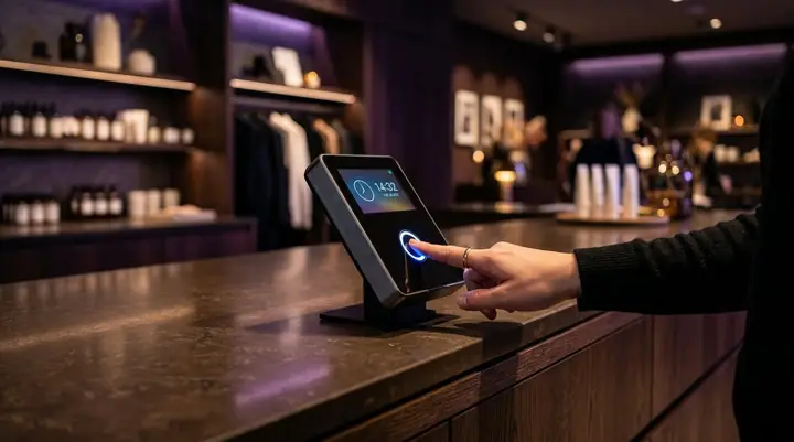 Relógio de ponto digital com biometria instalado no balcão de uma loja