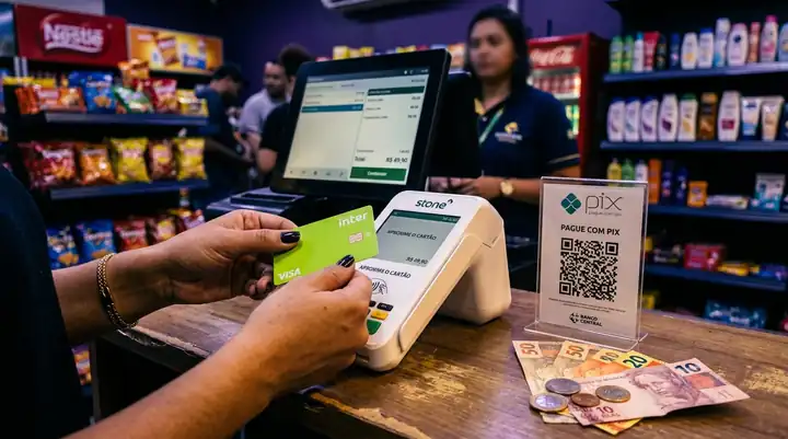 TEF, Pix e cartões no caixa: cartão por aproximação na maquininha POS e QR Code Pix no balcão